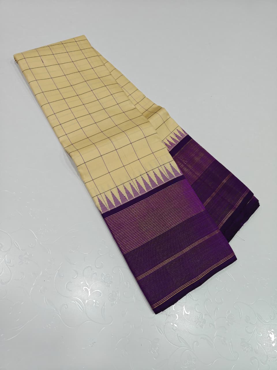 Premium Cream Silk Saree with Royal Purple Checked Border and Rich Pallu